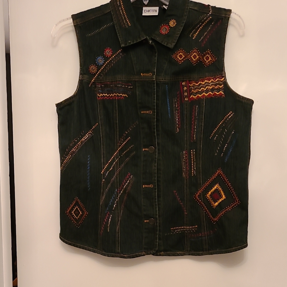 Embroidered Sleeveless Denim Vest